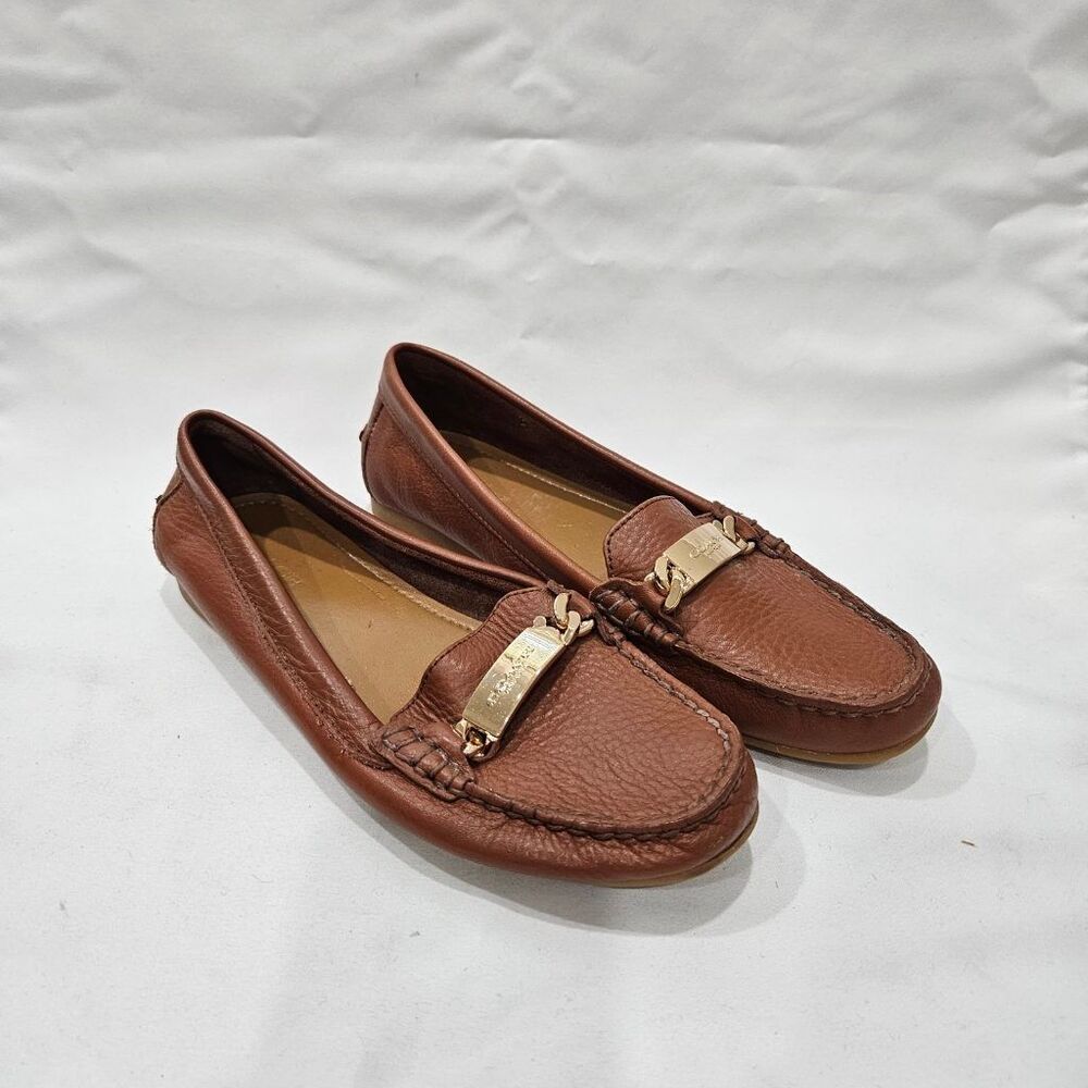 Coach Olive Pebble Grain Leather Loafers Saddle Brown Chain Bit Womens 6.5 M